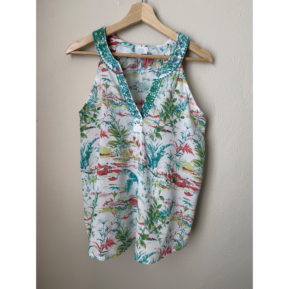 Sigrid Olsen Womens Tropical Palm Tree Print Embroidered V-Neck Tank Top White